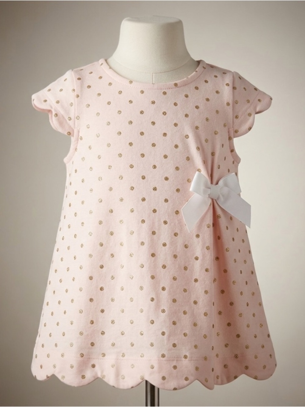 Tahari Baby Girl Party Dress Pink Gold Polka Dot Scalloped Bow Tunic Top 12M